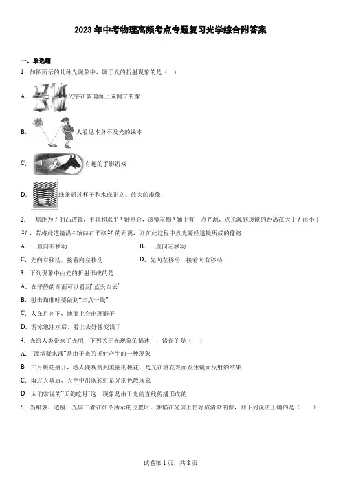 2023年中考物理高频考点专题复习光学综合附答案