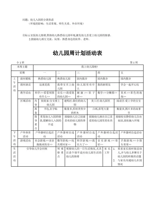 幼儿园周计划活动表