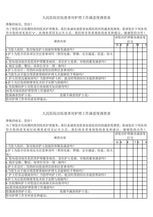 住院出院病人满意度调查表