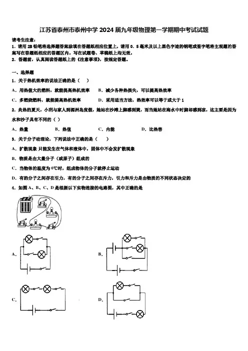 江苏省泰州市泰州中学2024届九年级物理第一学期期中考试试题含解析