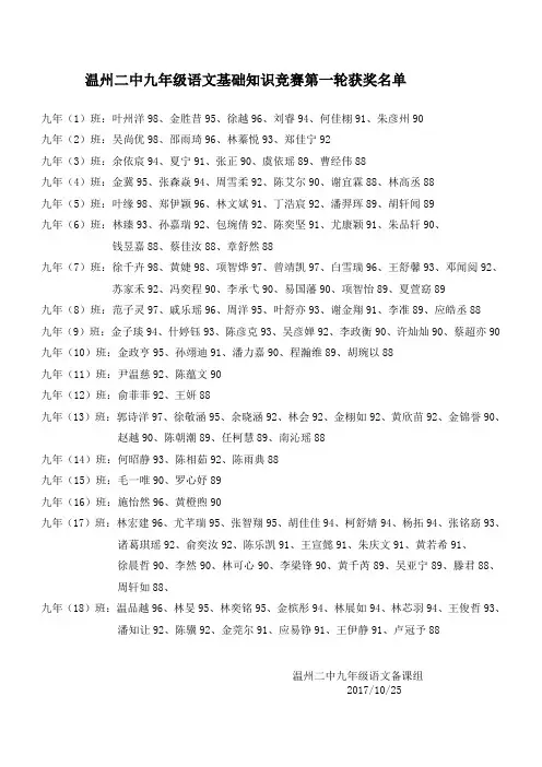 温州二中九年级语文基础知识竞赛第一轮获奖名单.doc