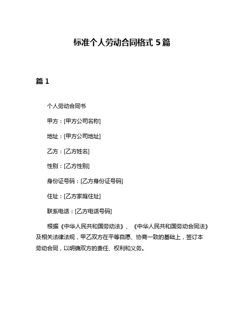 标准个人劳动合同格式5篇
