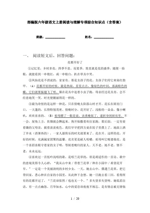 部编版六年级语文上册阅读与理解专项综合知识点(含答案)