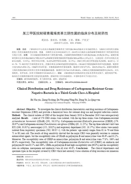 某三甲医院耐碳青霉烯类革兰阴性菌的临床分布及耐药性