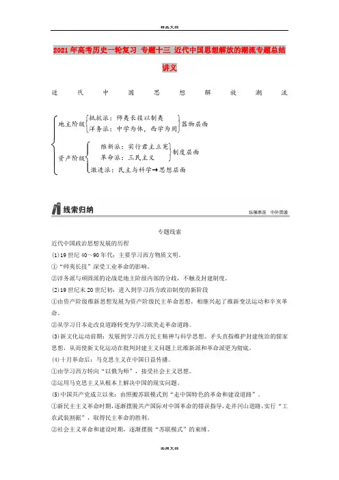 2021年高考历史一轮复习 专题十三 近代中国思想解放的潮流专题总结讲义