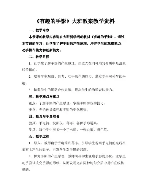 《有趣的手影》大班教案教学资料