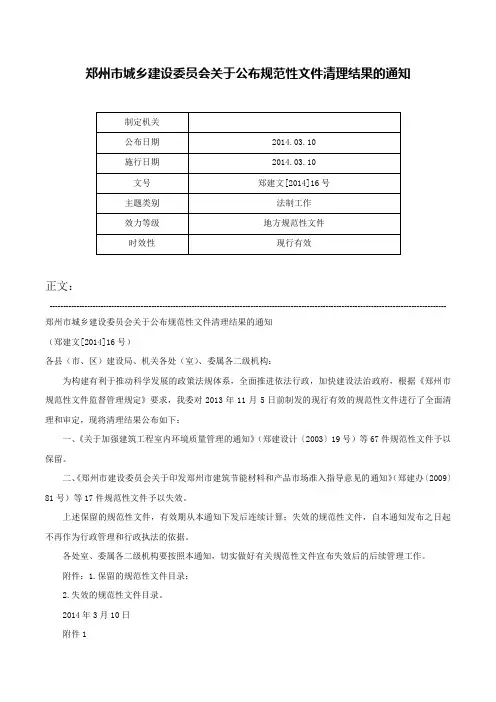 郑州市城乡建设委员会关于公布规范性文件清理结果的通知-郑建文[2014]16号