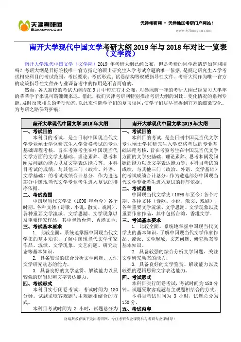 南开大学现代中国文学考研大纲2019年与2018年对比一览表(文学院)