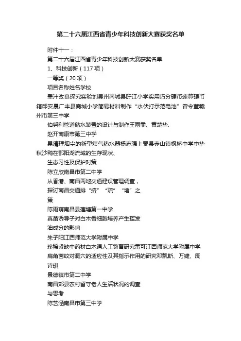 第二十六届江西省青少年科技创新大赛获奖名单