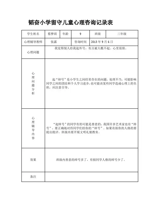 韬奋小学留守儿童心理咨询记录表