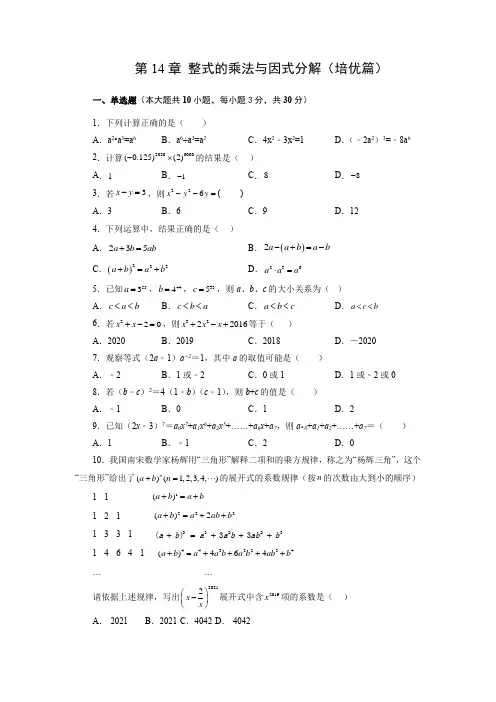 人教版2022-2023学年八年级数学上册阶段性复习精选精练《整式的乘法与因式分解》培优卷含答案解析