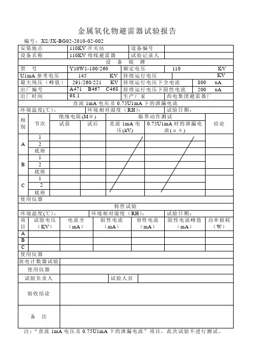 110kv母线避雷器试验报告单