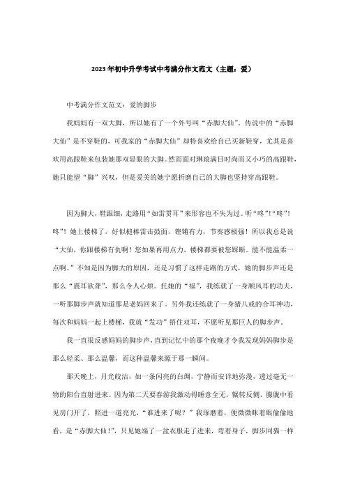2023年人教版初中升学考试中考满分作文范文5篇(一)(主题：爱)
