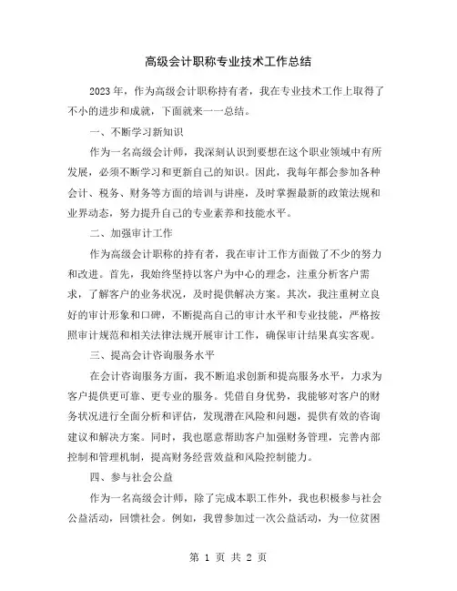 高级会计职称专业技术工作总结
