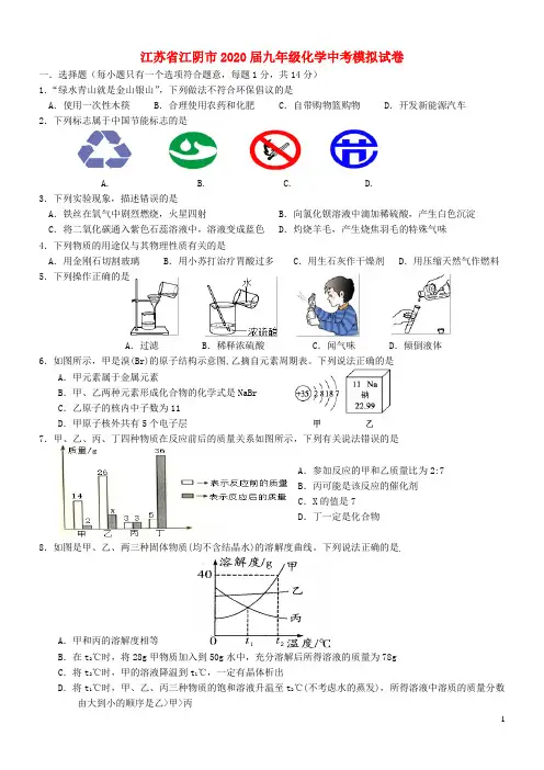 江苏省江阴市2020届九年级化学中考模拟试卷含答案