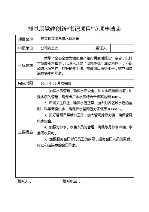 抓基层党建创新“书记项目”立项申请表