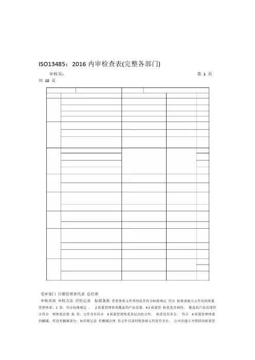 ISO13485：2016内审检查表完整各部门