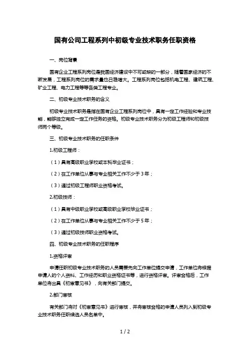 国有公司工程系列中初级专业技术职务任职资格