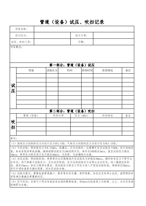 管道(设备)试压、吹扫记录