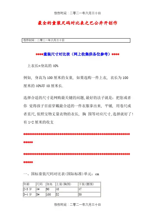 最全的童装尺码对照表-儿童童装尺码对照表