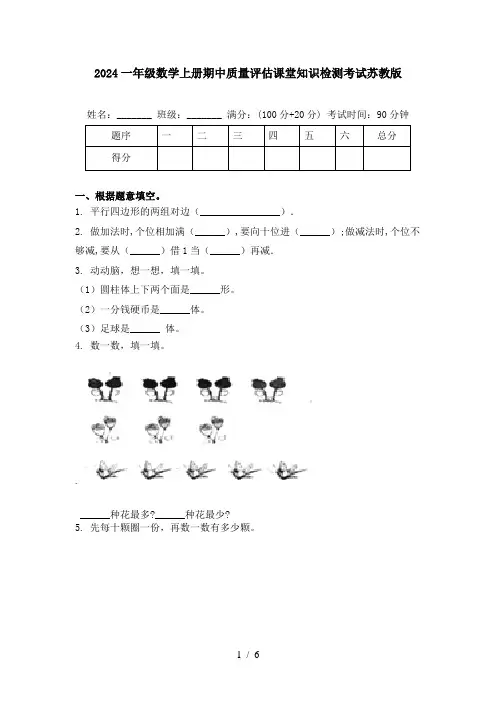 2024一年级数学上册期中质量评估课堂知识检测考试苏教版