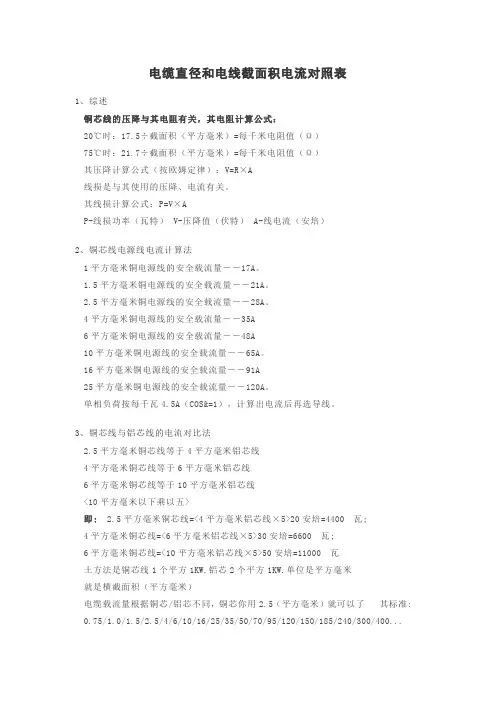 电缆直径和电线截面积电流对照表