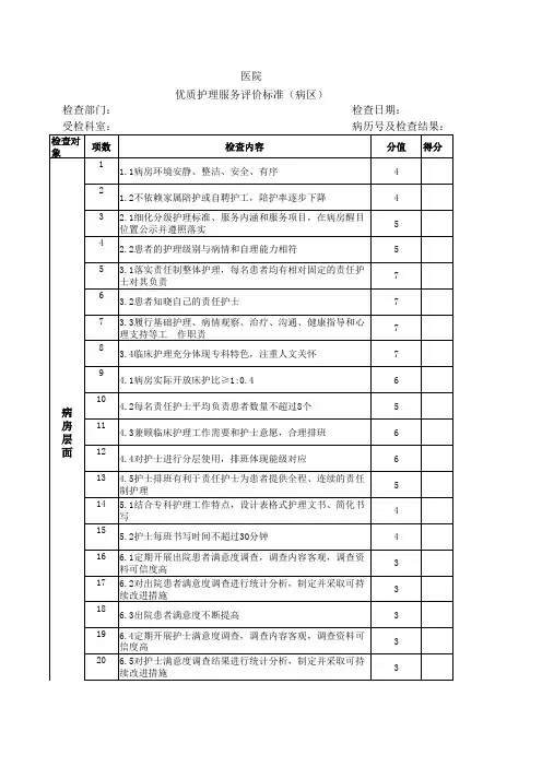 优质护理服务评价标准