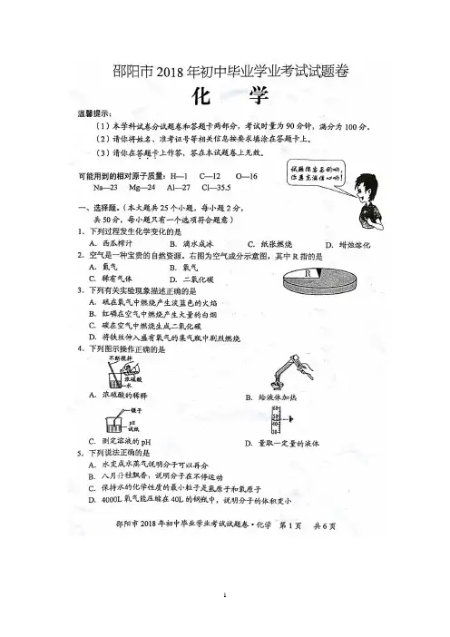2018年湖南省邵阳市中考化学试题(图片版,含答案)