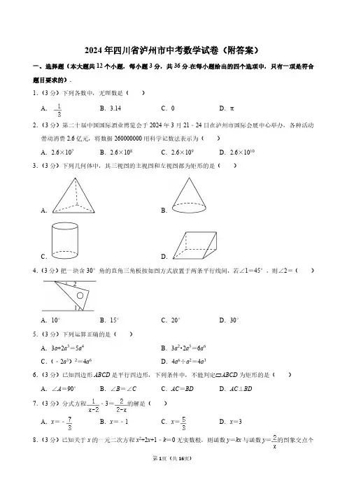 2024年四川省泸州市中考数学试卷(附答案)