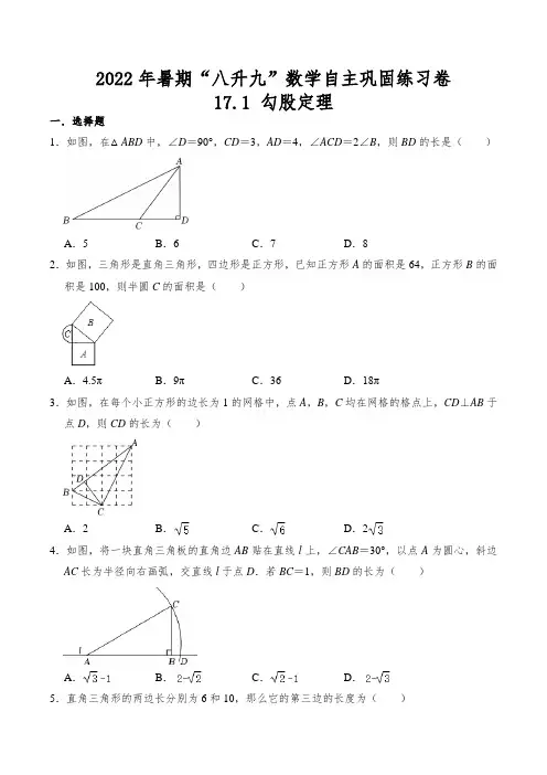 2022年暑期“八升九”数学《勾股定理》自主巩固练习卷