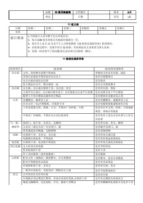 办公室5S值日检查表