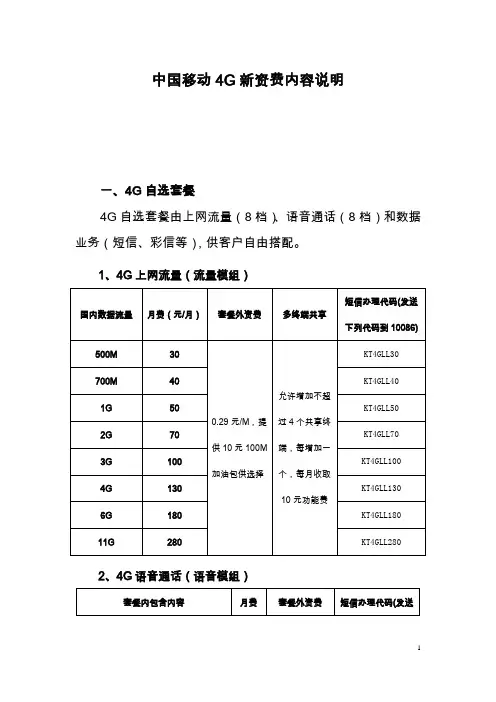 中国移动4G新资费内容说明