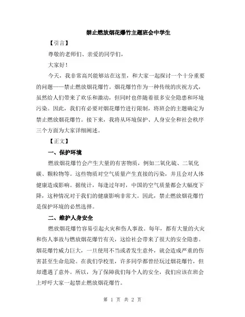 禁止燃放烟花爆竹主题班会中学生