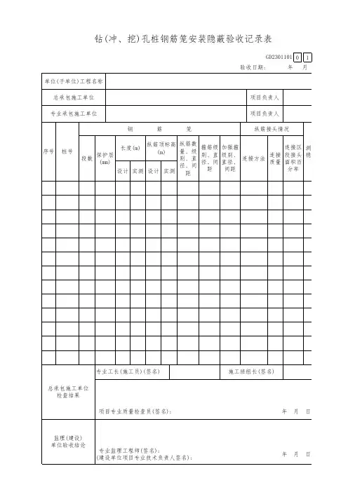 钻(冲、挖)孔桩钢筋笼安装隐蔽验收记录表GD2301101