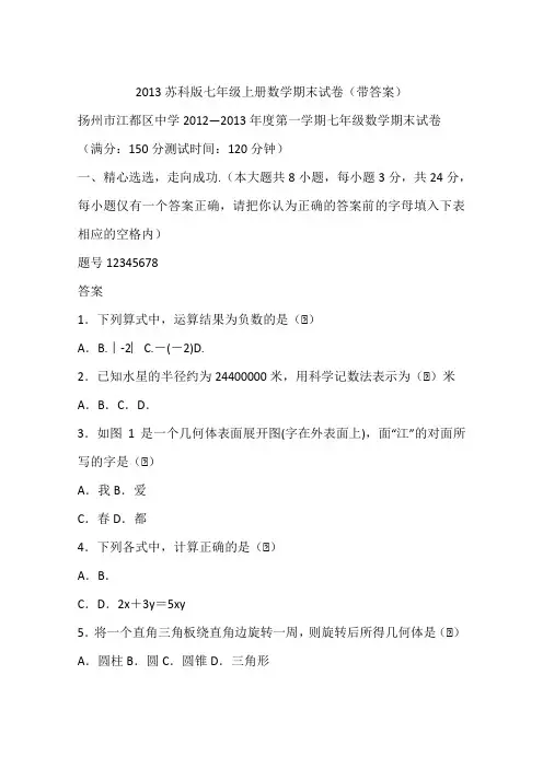 2013苏科版七年级上册数学期末试卷(带答案)