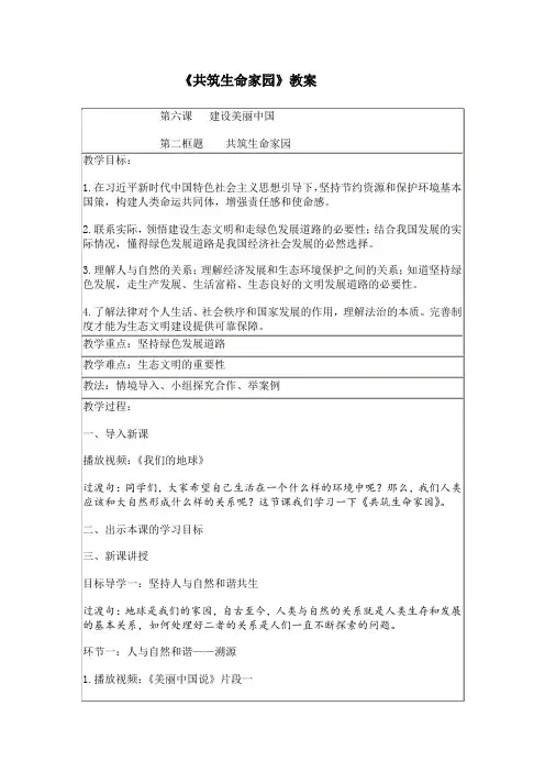 《共筑生命家园》教案 初中道德与法治 九上