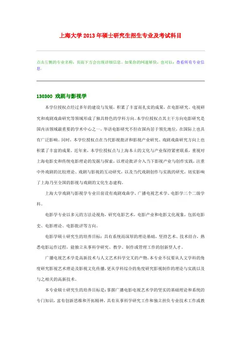 上海大学2013年硕士研究生招生专业及考试科目