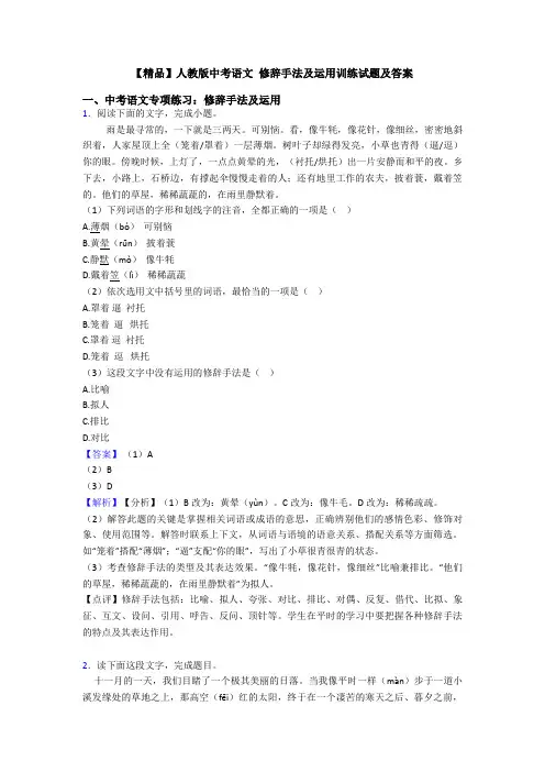 【精品】人教版中考语文 修辞手法及运用训练试题及答案