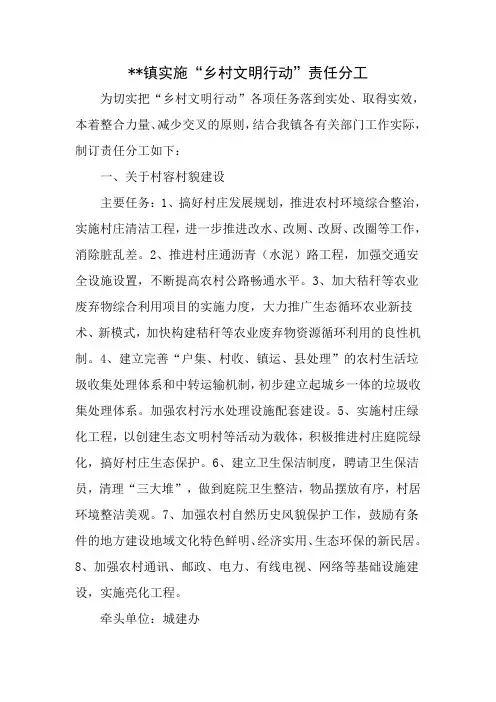 xx镇实施“乡村文明行动”责任分工