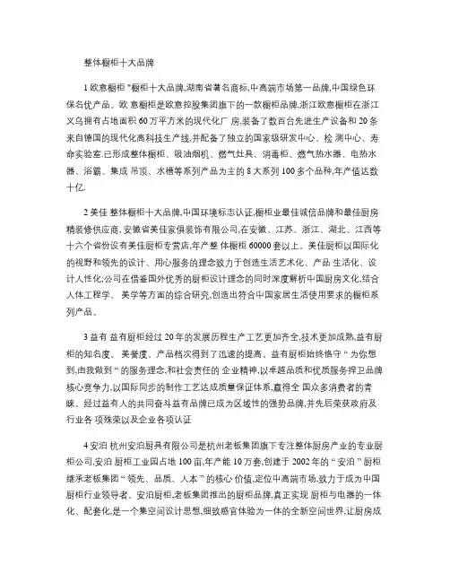 整体橱柜十大品牌有哪些？.