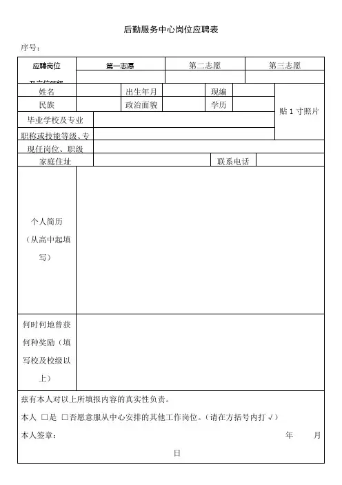 后勤服务中心岗位应聘表