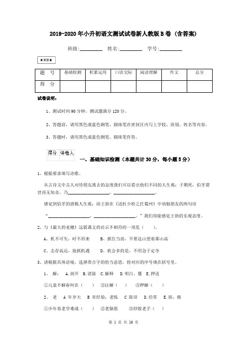 2019-2020年小升初语文测试试卷新人教版B卷 (含答案)