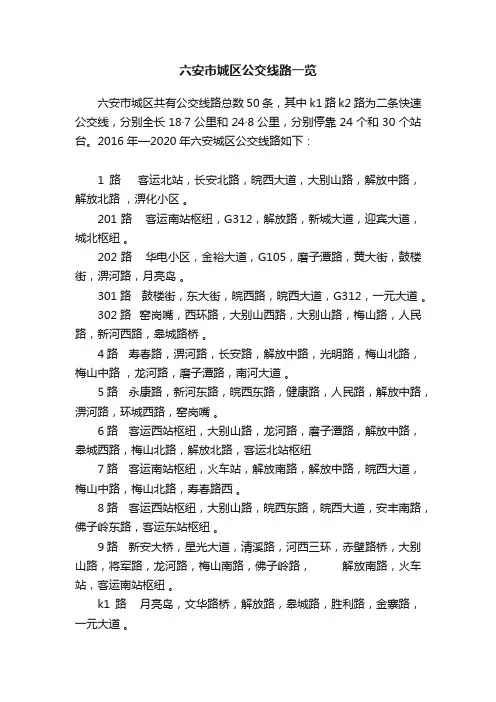 六安市城区公交线路一览