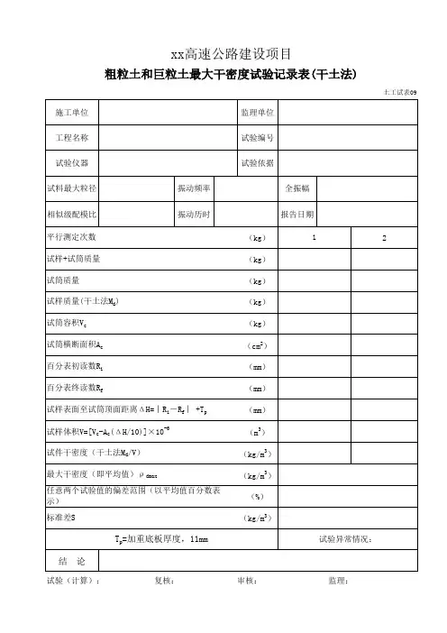 粗粒土和巨粒土最大干密度试验记录表09