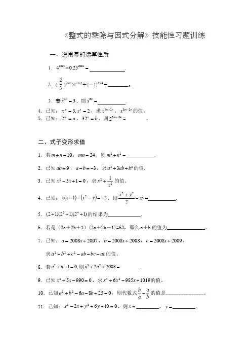 整式的乘除与因式分解技能性习题训练