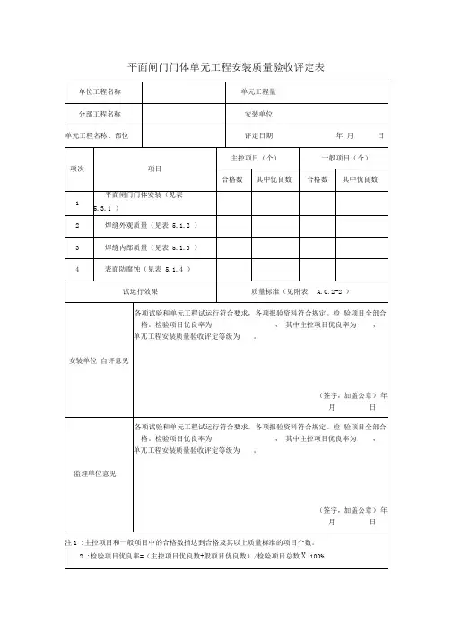 平面闸门门体单元工程安装质量验收评定表