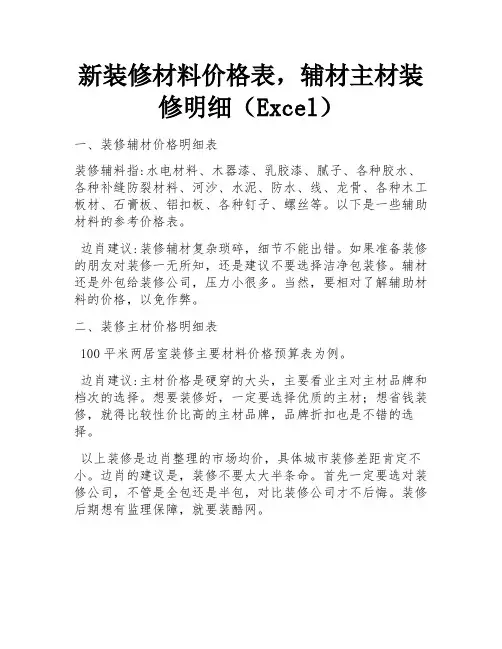 新装修材料价格表,辅材主材装修明细(Excel)