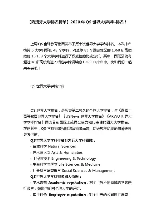 【西班牙大学排名榜单】2020年QS世界大学学科排名！