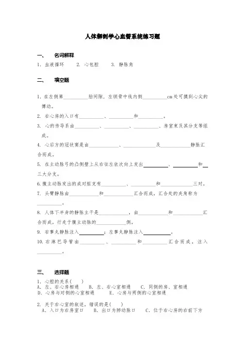 人体解剖学脉管系统练习题