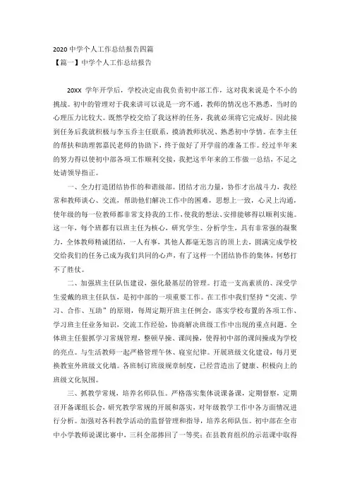 2020中学个人工作总结报告四篇